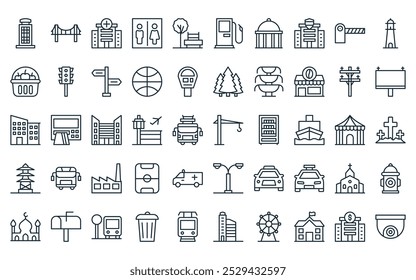 50 paquetes de iconos de Elementos lineales de ciudad. Vector de grúa de línea delgada, puente, hospital, baño, parque, estación de servicio, iconos de edificios gubernamentales adecuados para App y Sitios web.