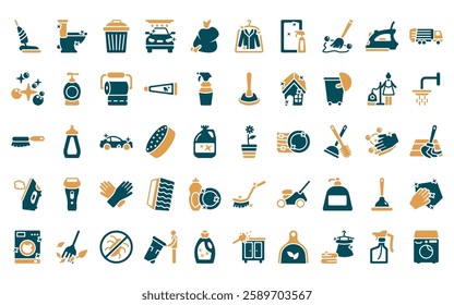 50 linear cleaning icon pack. vector thin line rose cleanin, toilet cleanin, garbage cleanin, clean cars, garbage, dry, glass cleaning icons suitable for apps and websites ui designs.