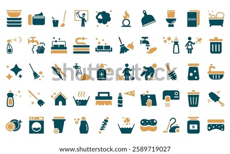 50 linear cleaning icon pack. vector thin line cleaner, cream, floor mop, cleaning window, dust, oxidizing agent, dust pan icons suitable for apps and websites ui designs.