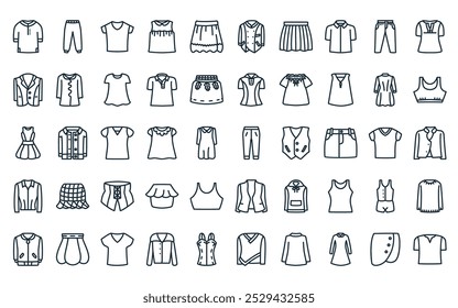 50 linear clothes collection. icon pack. vector thin line pants, pants, shirt, dress, skirt, suit, skirt icons suitable for apps and websites ui designs.