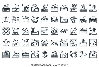 50 linear coastline icon pack. vector thin line cove, coastline, city, beach, landslide, dolphin, waves icons suitable for apps and websites ui designs.