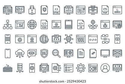 50 pacote de ícone de codificação linear. sistema de segurança de linha fina vetor, software, desenvolvedor, proteção de arquivos, html, anúncios, ícones pop-up adequados para projetos de interface de usuário de aplicativos e sites.