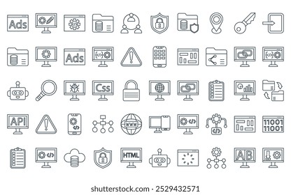 50 pacote de ícone de codificação linear. vetor web site linha fina, web de, back-end, big data, trabalho em equipe, sistema de segurança, ícones de proteção de arquivos adequados para projetos de iu de aplicativos e sites.