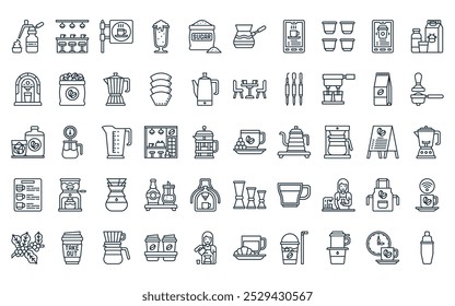 50 linear coffee shop and cafe icon pack. vector thin line sugar cubes, counter,  , frappe, sugar, cezve, online store icons suitable for apps and websites ui designs.