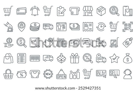 50 linear commerce icon pack. vector thin line money card, credit card, notification bell, remove from cart, checklist, atm hine, store icons suitable for apps and websites ui designs.