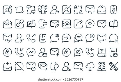 50 linear communication icon pack. vector thin line send message, retweet, network, talk, refer, add contact, network icons suitable for apps and websites ui designs.