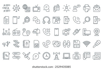 50 linear communication icon pack. vector thin line smartphone, communications, newspaper, television, communications, fax hine, networking icons suitable for apps and websites ui designs.