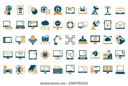 50 linear computer icon pack. vector thin line information network, restaurant app, computer mouse device, internet server, webcamera, surfing the net, laptop stream graphic icons suitable for apps
