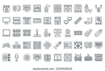 50 linear computer peripheral icon pack. vector thin line webcam, projector, ting, game, computer mouse, fan, web icons suitable for apps and websites ui designs.