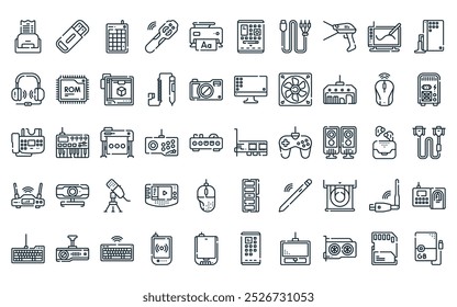 50 lineares computador periféricos ícone pack. vetor linha fina placa pci, unidade flash, numérico, laser, jato de tinta, tablet, rca cabo ícones adequados para aplicativos e sites projetos de ui.