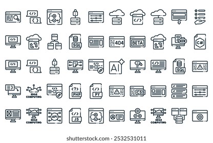 50 linear computer programming icon pack. vector thin line artificial intelligence, programming language, exception, server, customize, cloud hosting, cloud coding icons suitable for apps and