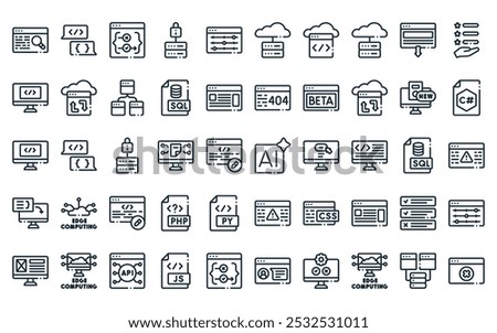 50 linear computer programming icon pack. vector thin line artificial intelligence, programming language, exception, server, customize, cloud hosting, cloud coding icons suitable for apps and