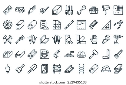 Paquete de iconos de 50 materiales de construcción lineales. Vector de paneles de yeso de línea delgada, sierra circular, cortador, medida, acero, destornillador, iconos de llave adecuados para App y Sitios web.