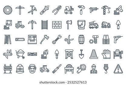 50 linear construction tools icon pack. vector thin line cutting tool, pickaxe, nails, flashlight, pliers, forklift, paint roller icons suitable for apps and websites ui designs.