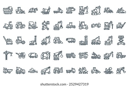 50 linear construction vehicles icon pack. vector thin line suction excavator, bulldozer, skidder, self loading crawier, semi truck, trencher, mini excavator icons suitable for apps and websites ui