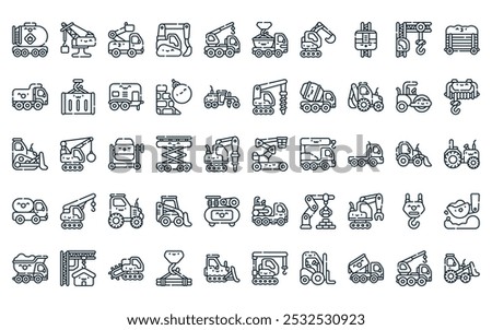 50 linear construction vehicles icon pack. vector thin line boom lift, harbor crane, ladder truck, excavator, crane truck, truck, excavator icons suitable for apps and websites ui designs.