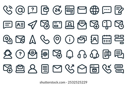 50 linear contact icon pack. vector thin line info, at, question, email, hours, contact form, envelope icons suitable for apps and websites ui designs.