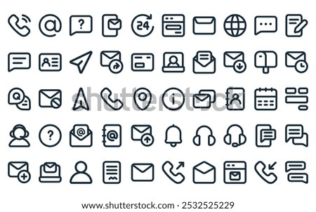 50 linear contact icon pack. vector thin line info, at, question, email, hours, contact form, envelope icons suitable for apps and websites ui designs.