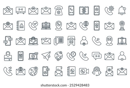 50 linear contact us icon pack. vector thin line mailbox, live broadcast, message received, new email, telephone, telephone, transfer data icons suitable for apps and websites ui designs.