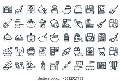 50 linear cooking collection. icon pack. vector thin line can, cheese, fish, snowflake, juice, bowl, toaster icons suitable for apps and websites ui designs.