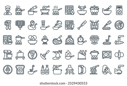 50 linear cooking icon pack. vector thin line pizza oven, meat, pot, chicken, frying pan, hob, bowl icons suitable for apps and websites ui designs.