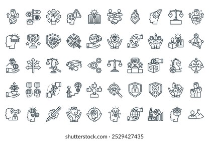 50 lineales de valores centrales Icono Pack. Vector de línea delgada Justicia, guía, determinación, inquietud, conocimiento, amistad, pasión Iconos adecuados para App y Sitios web UI diseños.