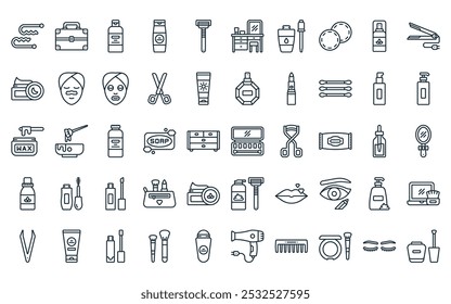 50 paquete de iconos de productos cosméticos lineales. Vector de sombra de ojos de línea delgada, maleta, removedor de maquillaje, champú, maquinilla de afeitar, tocador, iconos de esencia adecuados para App y Sitios web.