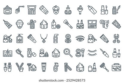 50 paquete de iconos de cosméticos lineales. Vector de línea delgada rubor, ducha, sombra de ojos, champú, máscara facial, aceite esencial, iconos de fregadero adecuados para App y Sitios web.