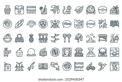 50 linear costa rica icon pack. vector thin line maracas, coast, costa rica flag, guaro, sea turtle, white faced capuchin, plantain icons suitable for apps and websites ui designs.