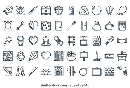 50 linear crafting jogo ícone pack. vetor linha fina faixas, gem, tnt, cerca, escudo, lanterna, rochas ícones adequados para aplicativos e sites projetos de iu.