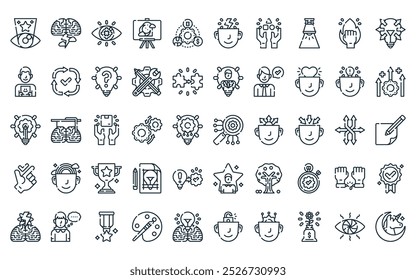 50 colección de creatividad lineal. paquete de iconos. Vector de línea delgada invención, lluvia de ideas, visionario, estética, recurso, espontáneo, iconos de habilidad adecuados para App y Sitios web.