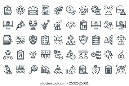 50 pacote de ícones de gestão de crise linear. equipe de linha fina vetor, adaptação, dinheiro, relatório, plano estratégico, proteção, ícones de recuperação adequados para projetos de iu de aplicativos e sites.