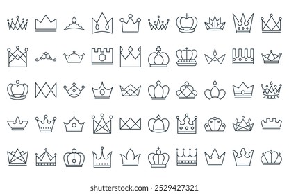 50 lineares Kronensymbolpaket. Vektor dünne Linie Krone, Krone, Icons geeignet für Apps und Websites ui Designs.