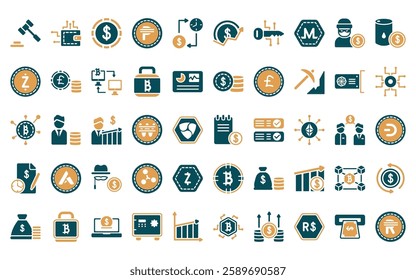 50 linear cryptocurrency economy icon pack. vector thin line ledger, digital wallet, dollar, peso, proof of capacity, ico, digital key icons suitable for apps and websites ui designs.