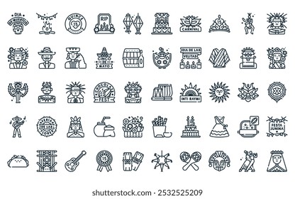 Paquete de iconos de 50 culturas lineales. Vector de línea delgada tabla, fogata, quinceanera, lápida, linterna, altar, iconos de carnaval adecuados para App y Sitios web.