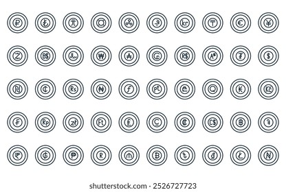 50 linear currency coin icon pack. vector thin line pea, turkish lira, taiwan, generic, ripple, som, krone icons suitable for apps and websites ui designs.