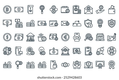 50 linear currency icon pack. vector thin line euro, insurance, invoice, search, money exchange, calendar, accounting icons suitable for apps and websites ui designs.