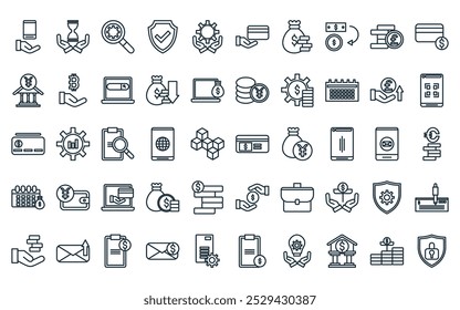 50 linear currency icon pack. vector thin line credit card, saving, analysis, shield, technical support, payment, money bag icons suitable for apps and websites ui designs.