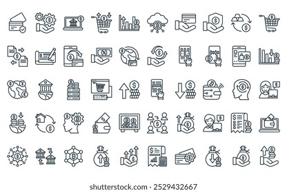 50 linear currency icon pack. vector thin line online payment, configuration, online bank, e commerce, growth, digital currency, support icons suitable for apps and websites ui designs.