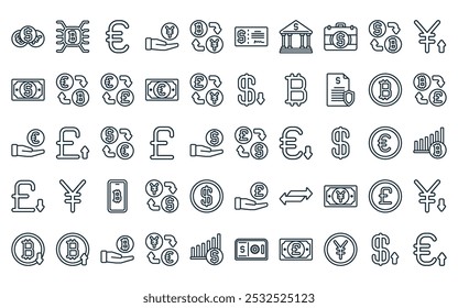 50 paquete de iconos de divisas lineales. Vector de línea delgada de cambio de dinero, Dirección de bitcoin, euro, mano de dinero, cambio de dinero, cheque, iconos bancarios adecuados para App y Sitios web.