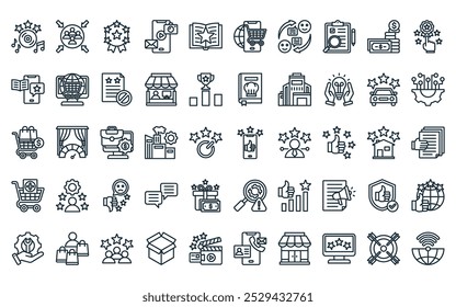 50 linear customer review icon pack. vector thin line positive review, gathering, badge, mobile application, best seller, mobile shopping, customer feedback icons suitable for apps and websites ui