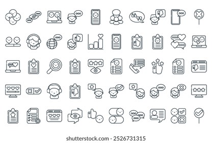 50 linear customer reviews icon pack. vector thin line review, review, dissatisfaction, comment, satisfied, feedback, quote icons suitable for apps and websites ui designs.