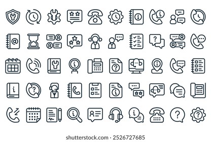 50 linear customer service icon pack. vetor linha fina pergunta, tempo, configuração, classificação, telefone, gerenciamento de tempo, ícones de guia de livro adequado para projetos de iu de aplicativos e sites.