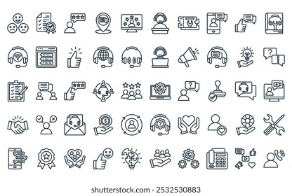 50 linear customer service icon pack. vector thin line online service, authenticity, review, placeholder, user experience, help desk, support ticket icons suitable for apps and websites ui designs.