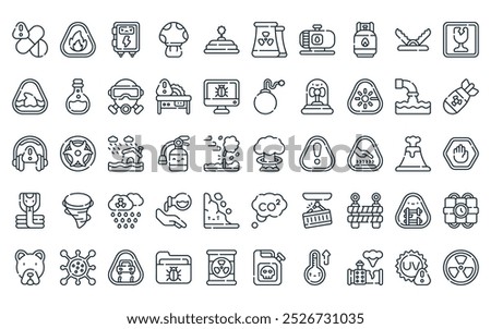 50 linear danger icon pack. vector thin line explosive, flammable, electrical hazard, mushroom, land mine, nuclear plant, oil tank icons suitable for apps and websites ui designs.