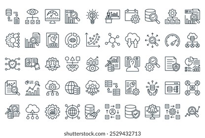 50 paquetes de iconos de análisis de datos lineales. Vector de minería de datos de línea delgada, visualización de datos, tablero, información, aprendizaje, presentación, iconos de información de eventos adecuados para App y Sitios web UI