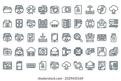 50 linear data storage icon pack. vector thin line file upload, save file, cloud computing, conference, camera, simcard, download file icons suitable for apps and websites ui designs.