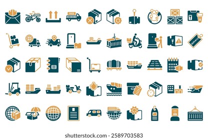 50 linear delivery and logistics icon pack. vector thin line cargo train, delivery by bike, side up, free delivery, cancelled, supply chain, destination icons suitable for apps and websites ui