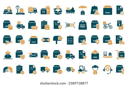 50 linear delivery and logistics icon pack. vector thin line delivery tag, fast delivery, date, wait time, delivered box verification, supply chain, delivering box icons suitable for apps and