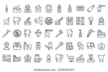 50 paquete de iconos de cuidado dental lineal. Vector de línea delgada cepillo de dientes, muela del juicio, hembra, cariado, análisis, irrigador dental, ambientador iconos adecuados para App y Sitios web.